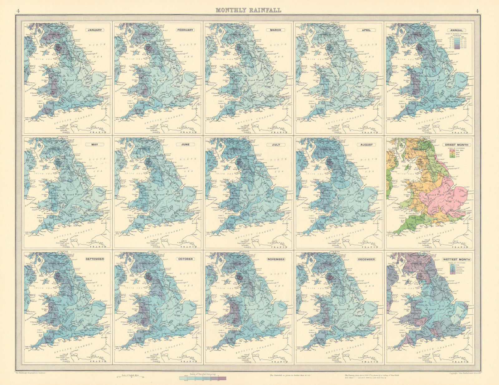 GREAT BRITAIN England and Wales Monthly & annual Rainfall. LARGE 1939 old map